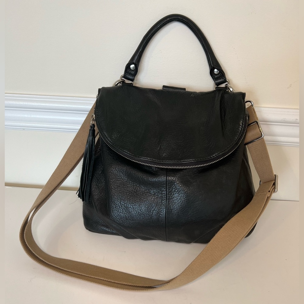 Margot Black Leather Fold over Handbag with Crossbody Strap